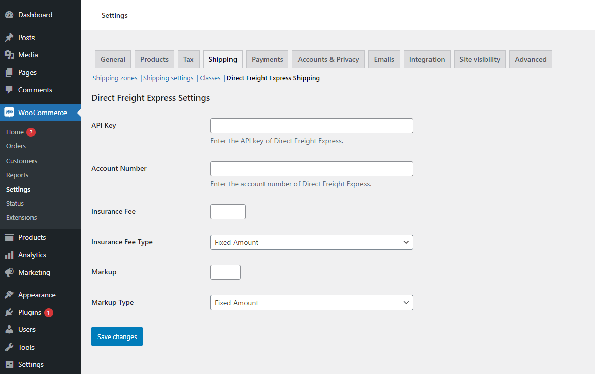 Direct Freight Express for WooCommerce settings dashboard